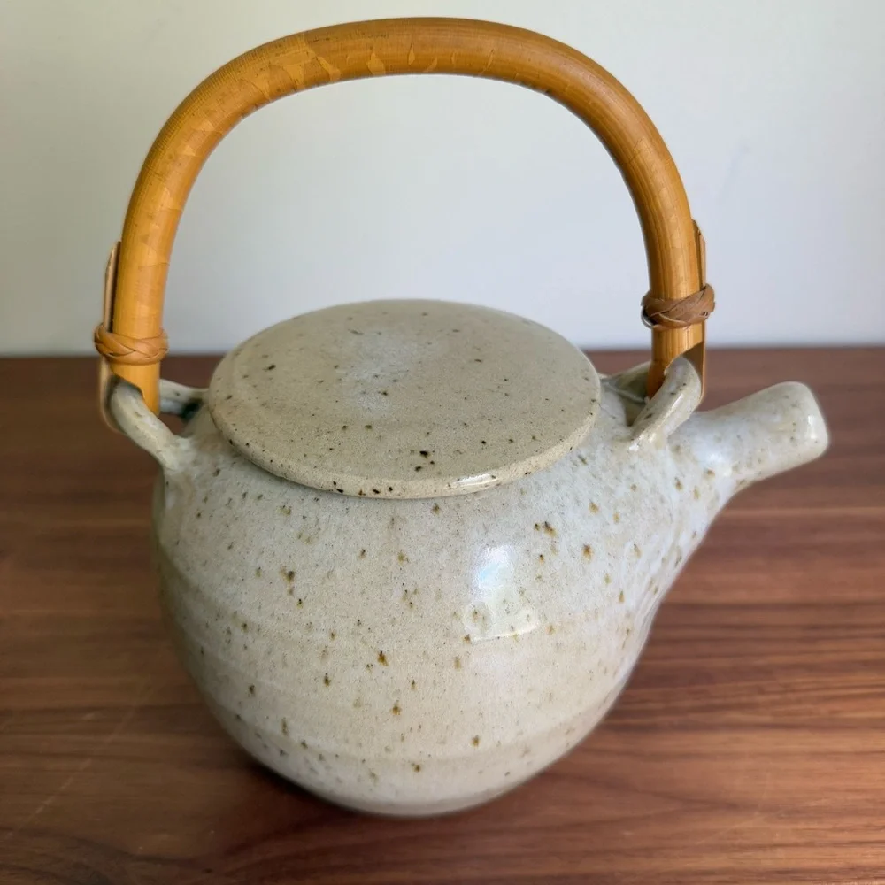 Vintage Japanese Hand Crafted Pottery Teapot w/Bamboo Handle, Signed